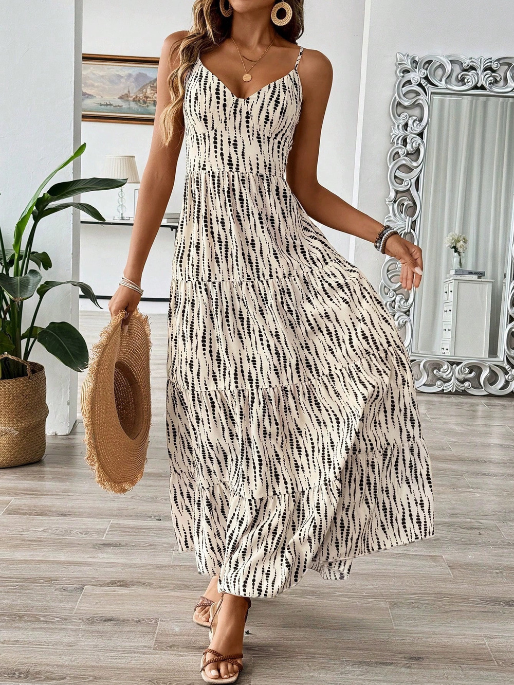 ZARA Spaghetti Strap Backless Tie Striped Waist Slimming Vacation Maxi Dress